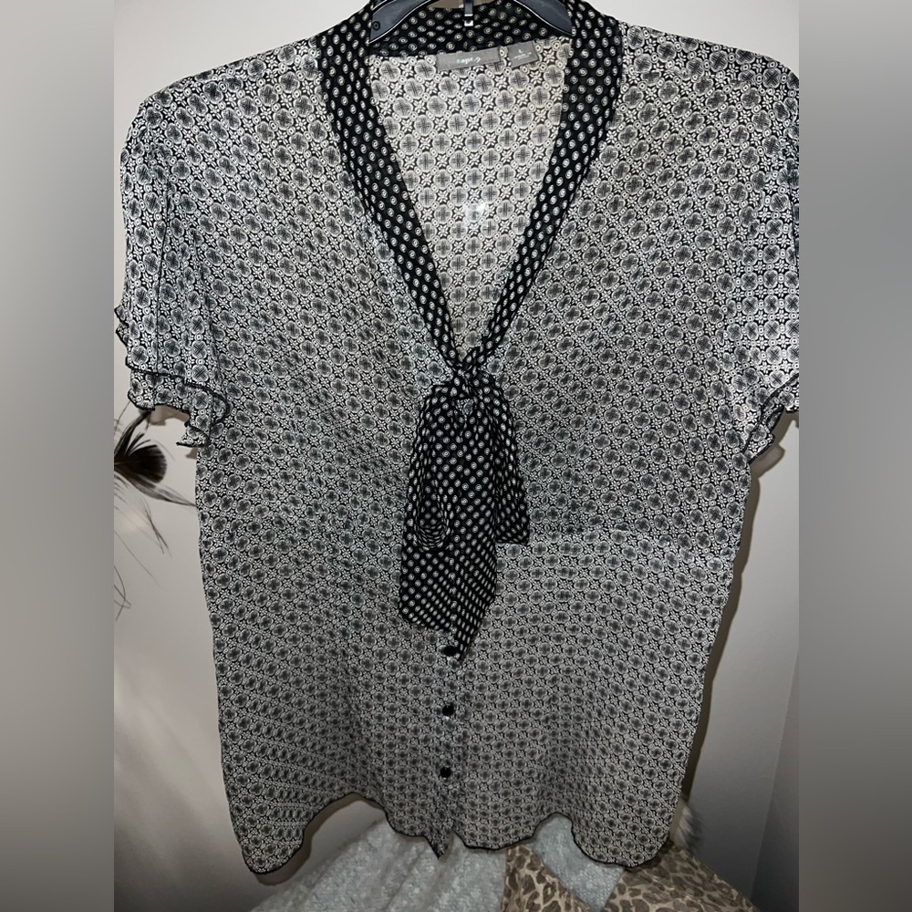 Apt9 Sheer polka dot black blouse empire waist buttons and bow